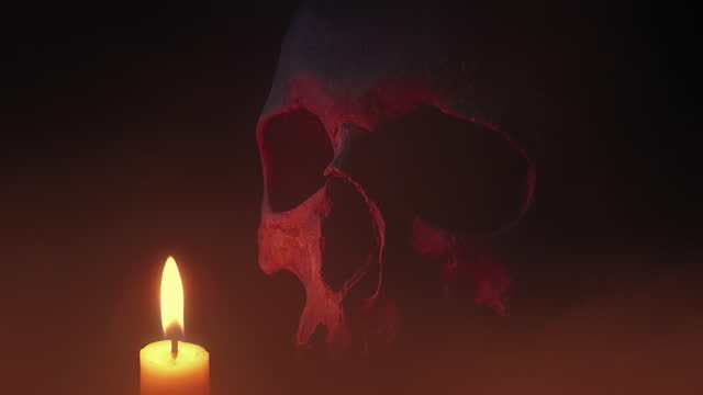 Candle Burns Next To Old Skull In Misty Cave