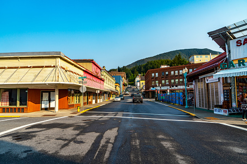 Ketchikan, USA - July 28, 2023: Street view of Main street and Mission Street in Ketchikan, Alaska, USA.