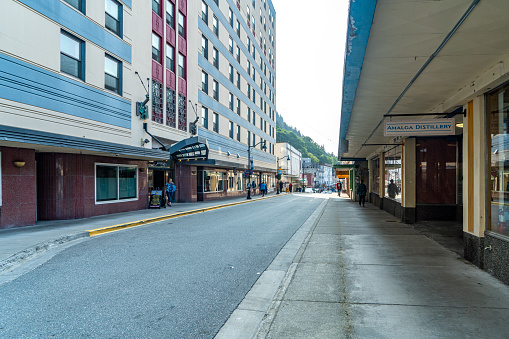 Juneau, Alaska - July 29, 2023: View of 2nd street and S Franklin Street in the old town district of Juneau, Alaska.