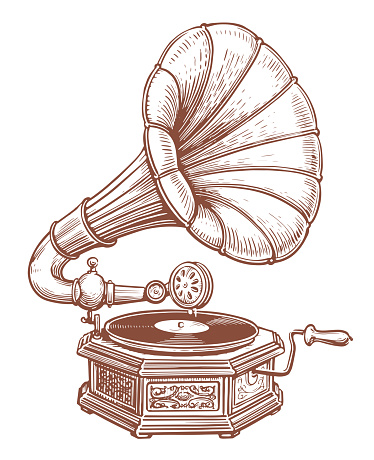 Retro gramophone with vinyl disk. Antique brass record player. Retro music device with horn speaker vector illustration