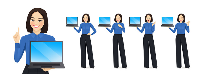 Elegant asian beautiful business woman showing blank screen laptop computer standing different posing isolated vector illustration