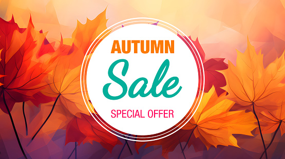 Autumn sale banner with maple leaves on bokeh background.