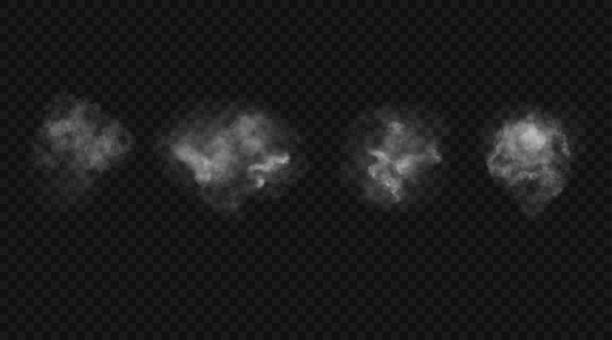 Set of translucent white clouds of smoke. Vector realistic design elements of fog and haze dust pollution stock illustrations