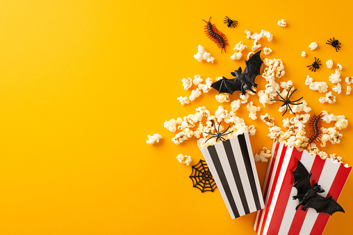 Get ready for hair-raising Halloween night with horror movie marathons. Orange isolated background adorned with cinema popcorn, creepy Halloween-themed decorations. Perfect for ads or text placement
