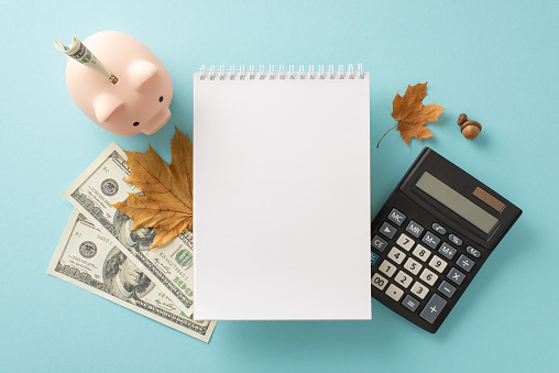 Upward trend in costs and service bills theme. Overhead shot of piggy bank, cash, calculator, planner, maple leaves, acorns on soft blue backdrop with space for text or promotion