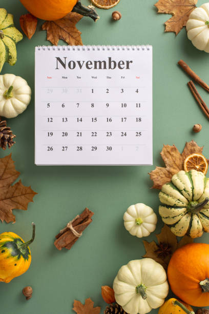 istock Capture spirit of autumn's richness with this elevated vertical composition. Display of november calendar, mature pumpkins and classic fall attributes on green isolated backdrop, ready for text or ads 1659935472