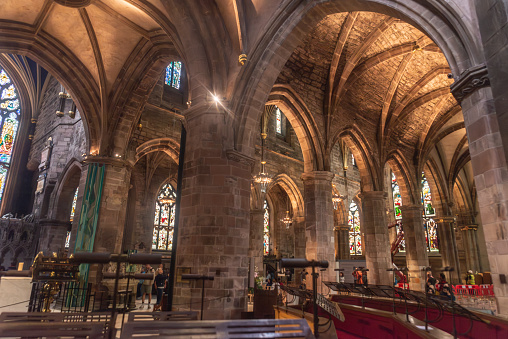 Edinburgh, United Kingdom - August 28th, 2023: Interior of the beautiful St. Giles Cathedral situated at the Royal Mile in the old city centre.