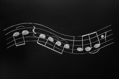 Musical notes written with chalk on blackboard
