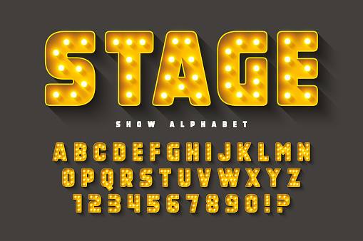 Retro cinema alphabet design, cabaret, LED lamps letters and numbers. Original design