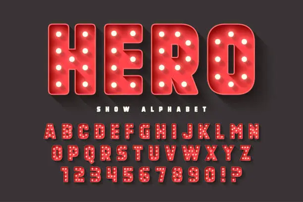 Vector illustration of Retro cinema alphabet design, cabaret, LED lamps letters and numbers.