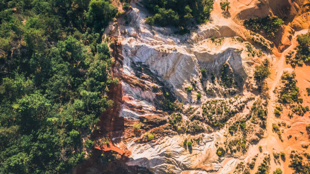 istock Panoramic view from above on Abstract Rustrel canyon ocher cliffs landscape. Provencal Colorado, Vaucluse, Rustrel, Colorado Provencal, France 1659939443