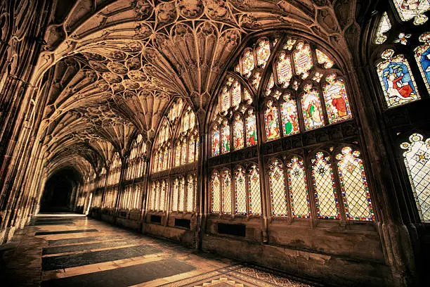 Stained glass windows in the Gloucester cloister hallways. HDR image.