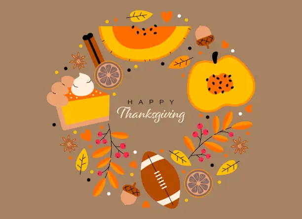 Vector illustration of Happy Thanksgiving. Autumn holiday design with pumpkin, pumpkin pie, american football ball, leaf, acorn. Fall dinner and sport. Harvest and celebration