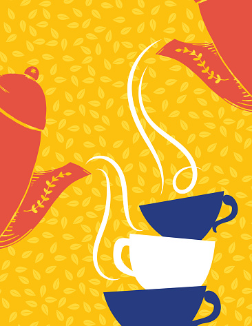 A cute and vibrantly colored teacup and teapot themed background template with leaves.