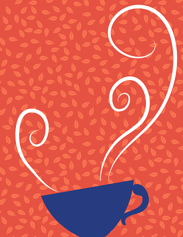 A cute and vibrantly colored teacup themed background template with leaves.