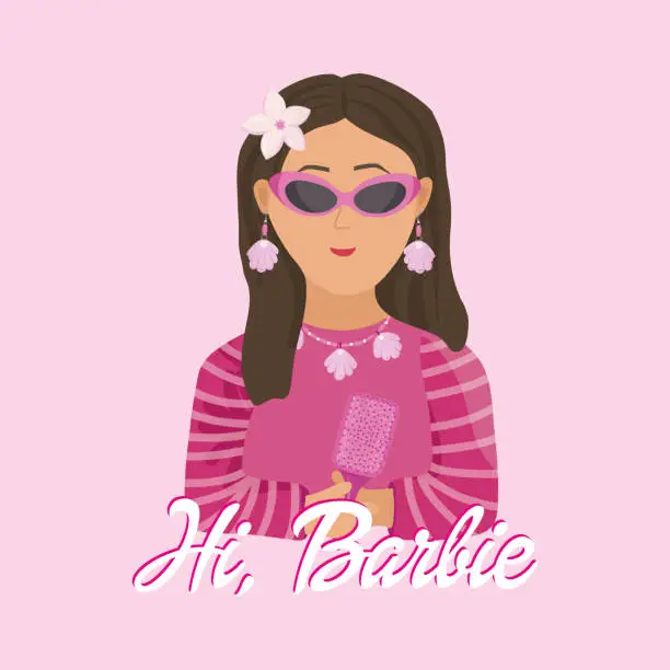 Vector illustration of Girl in pink clothes like a trendy doll with pink accessories