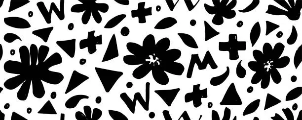 Vector illustration of Hand drawn seamless pattern with black flowers and leaf plus geometric elements .