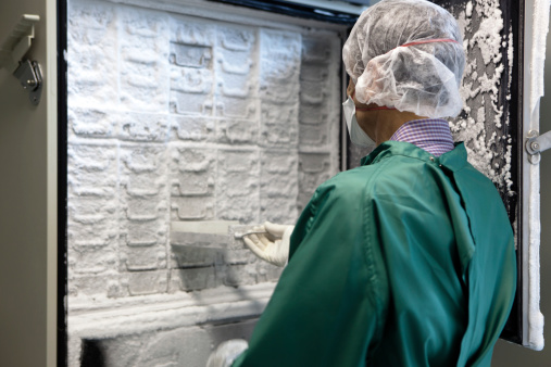 researcher in a laboratory controlls samples in a Thermo Scientific freezer