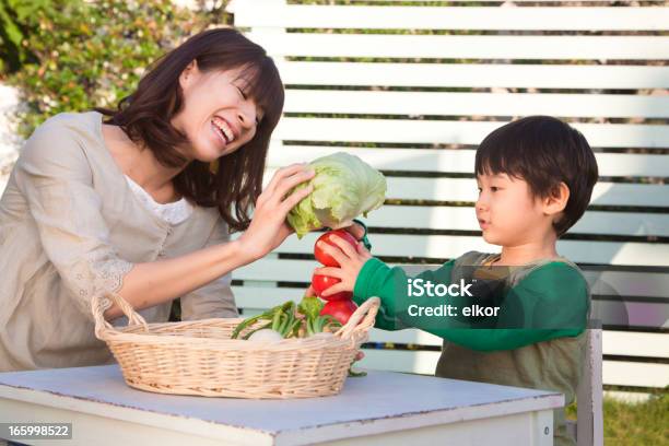 Photo libre de droit de Japonais Mère Et Fils Avec Des Légumes Bio Dans Le Jardin banque d'images et plus d'images libres de droit de 2-3 ans