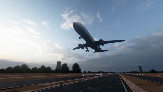 Airplane takeoff sunset