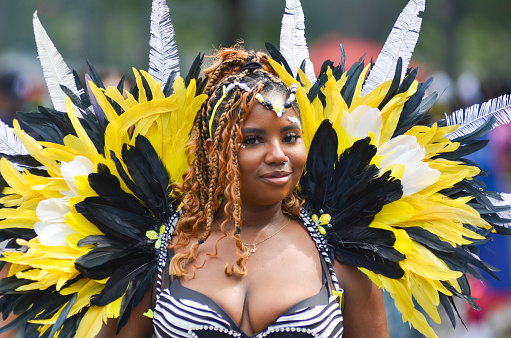 Participants wear colorful costumes in the annual West Indian Day parade on September 4, 2023 in the Brooklyn Borough of New York City.