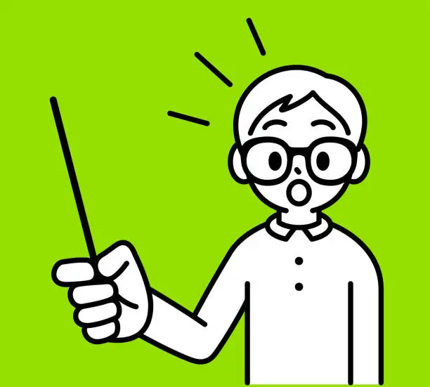 Vector illustration of A studious boy with Horn-rimmed glasses, holding a conductor's baton or a teacher's pointer stick, looking at the viewer, minimalist style, black and white outline