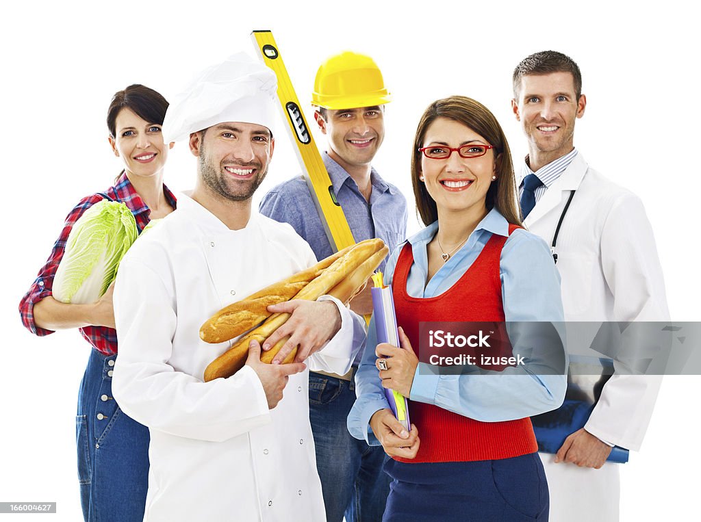 Various professions Portrait of happy five people from different professions: baker, teacher, doctor, farmer and construction worker. Isolated on white. Various Occupations Stock Photo