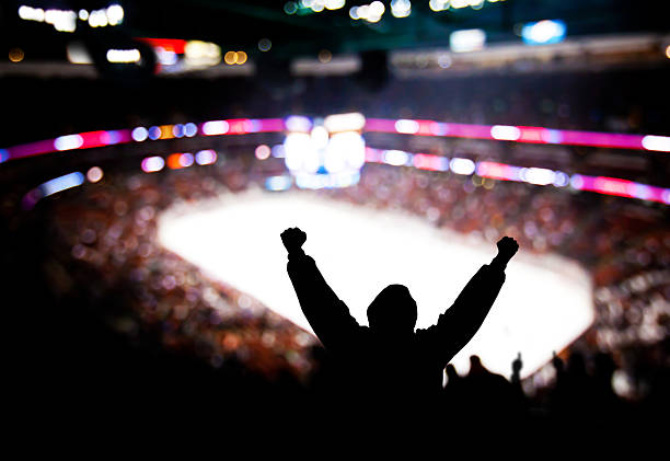 Hockey Excitement Fans celebrating at a hockey game/winter game. hand fan photos stock pictures, royalty-free photos & images