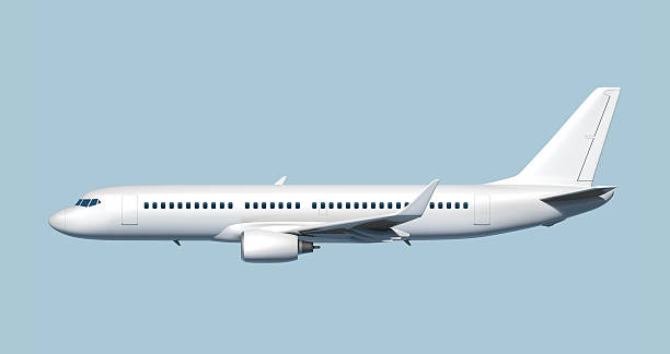 Side of passenger jet airplane - easy to cut out. Side of modern mid-sized passenger airplane (3D rendering). side view stock pictures, royalty-free photos & images