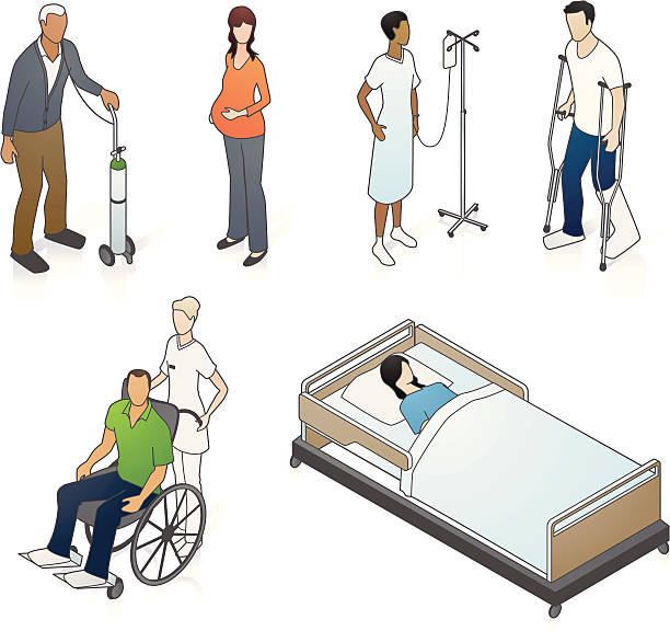 Isometric Medical Patients Six medical patients in isometric view. Rearrange and use as needed. person oxygen tank stock illustrations