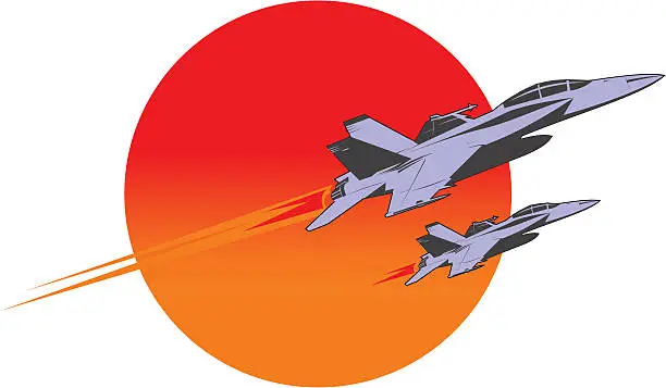Vector illustration of F-18 super hornet flying over the sun
