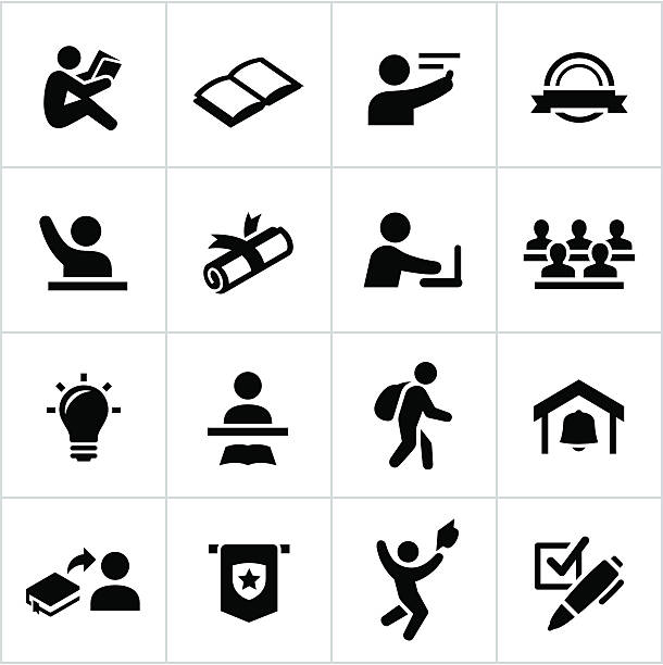 Black College Icons College/higher education icons. All white strokes/shapes are cut from the icons and merged allowing the background to show through. seminar classroom lecture hall university stock illustrations
