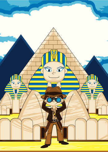 Vector illustration of a cute cartoon Explorer and the Great Egyptian Sphinx.