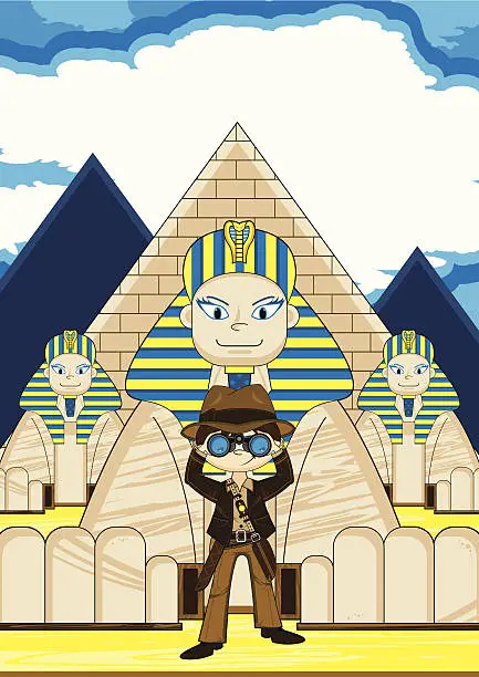 Vector illustration of Cartoon Explorer and Egyptian Sphinx Scene