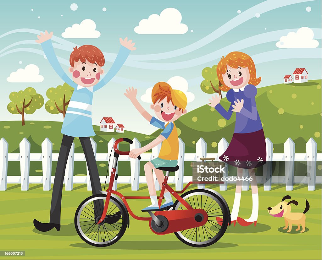 Famille heureuse vélo - clipart vectoriel de Chien libre de droits