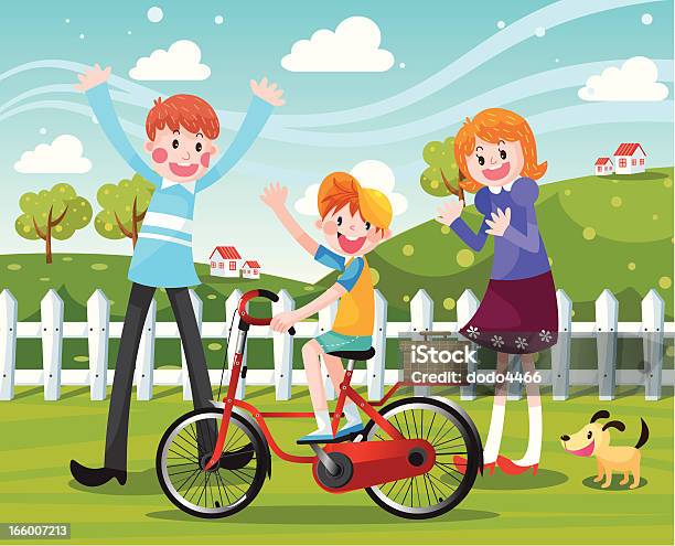 Szczęśliwa Rodzina Na Rowerze - Stockowe grafiki wektorowe i więcej obrazów Pies - Pies, Bicykl, Chmura