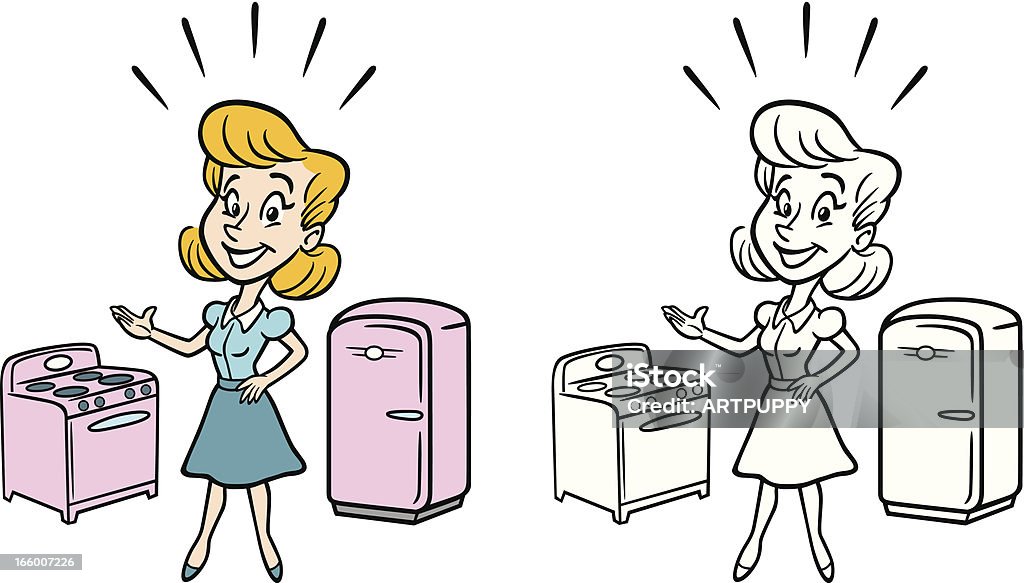 Femme classique avec une cuisinière et un réfrigérateur - clipart vectoriel de 1950-1959 libre de droits