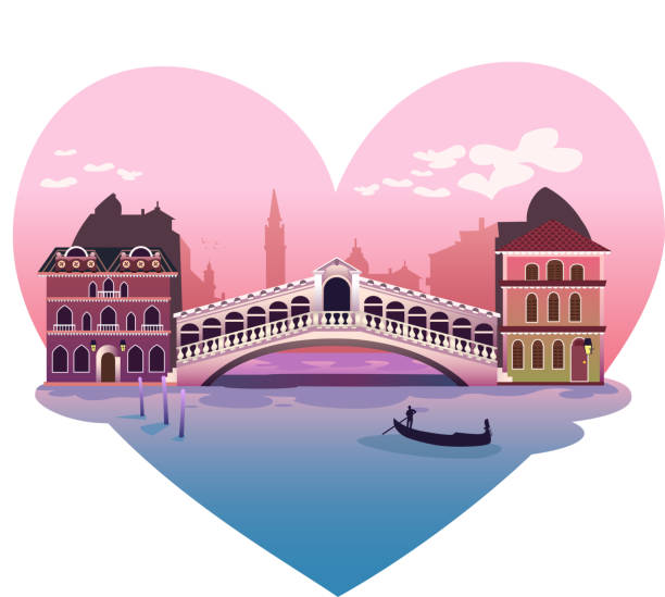 Love shaped Venice Love shaped Venice, with bridge and vaporetto canoe vector illustration. venice italy stock illustrations