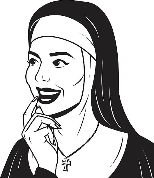 Retro Thoughtful Nun An vintage styled nun looking thoughtful. The shapes don't have white fills so the black line art can be placed onto any colored background. spirituality smiling black and white line art stock illustrations