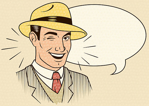 Vector illustration of winking man Placed on a tan background is a young man wearing a mustard colored fedora, which has a black band around it.  He is smiling as he winks.  The man has jet black hair.  He is wearing a white dress shirt, a rust colored tie, a light brown vest and a striped suit jacket.  There are five lines on the right side of his face and five on his left, pointing towards him.  There is a speech bubble also pointing at him.  The implication is that the man is speaking to the viewer. young man wink stock illustrations
