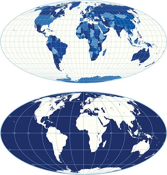 Vector illustration of World map with graticules (Mollweide projection)