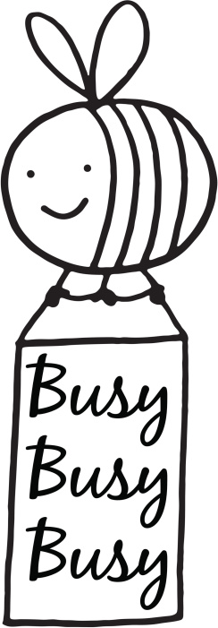 An illustration of a cartoon bee holding a sign with busy busy text on it.