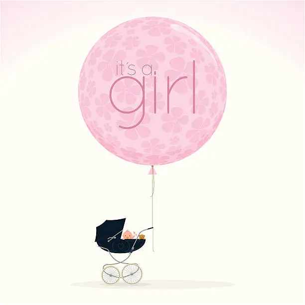 Vector illustration of newborn pram stroller itisagirl babyshower cute pink illustration vector