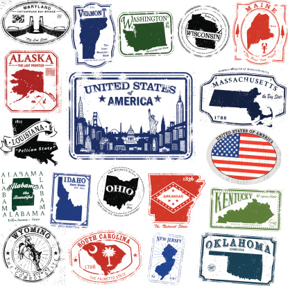 Series of stylized retro/vintage passport style stamps of different American States, and American Flag Decal and a stamp of a series of American landmarks.