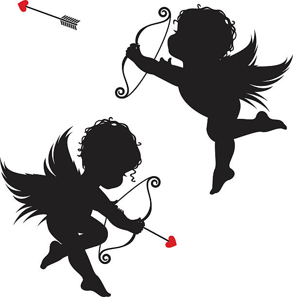 Silhouette cupids Cupid in two positions firing his arrow on Valentines day cupid stock illustrations