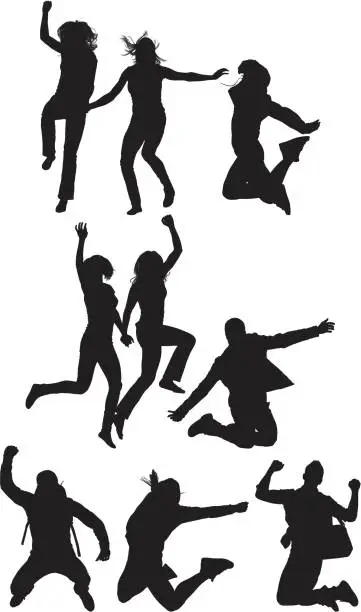 Vector illustration of Multiple image of men and women jumping