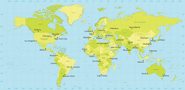 World Map Vector Countries "Highly detailed vector World Map with administrative divisions. Miller Projection without Antarctica. File was created on January 22, 2013. The colors in the .eps-file are ready for print (CMYK). Included files: EPS (v8) and Hi-Res JPG (6000aa aaa 2943 px)." latitude stock illustrations