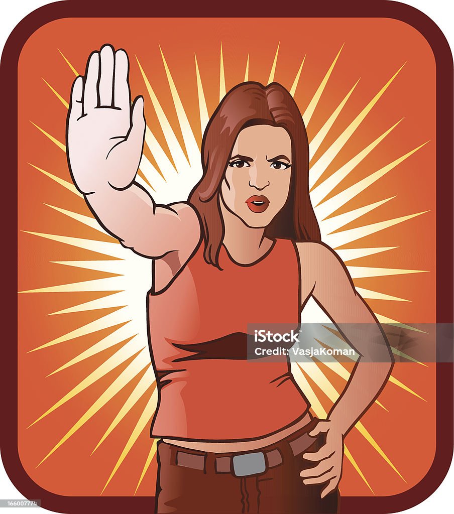 Young Woman in Stop Gesture Illustration of a young woman with her arm stretched out giving a stop gesture with her hand. Stop - Single Word stock vector