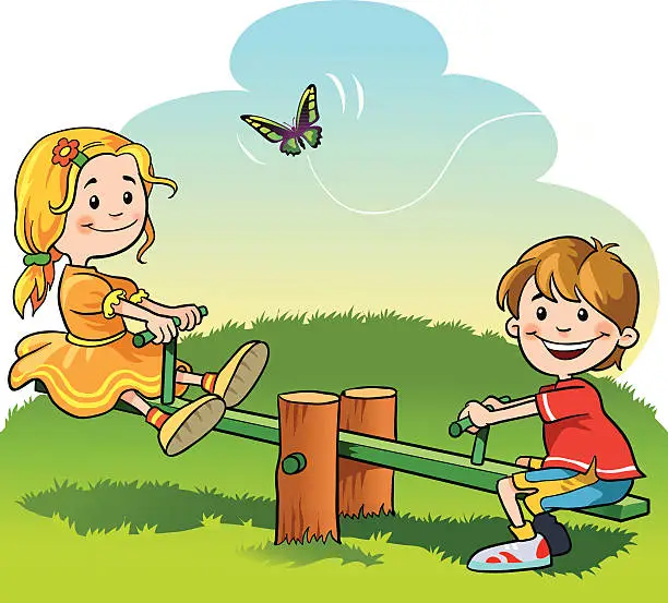 Vector illustration of Boy and Girl Having Fun Riding Seesaw