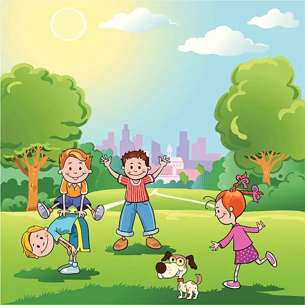 Vector illustration of Children Playing in the Park
